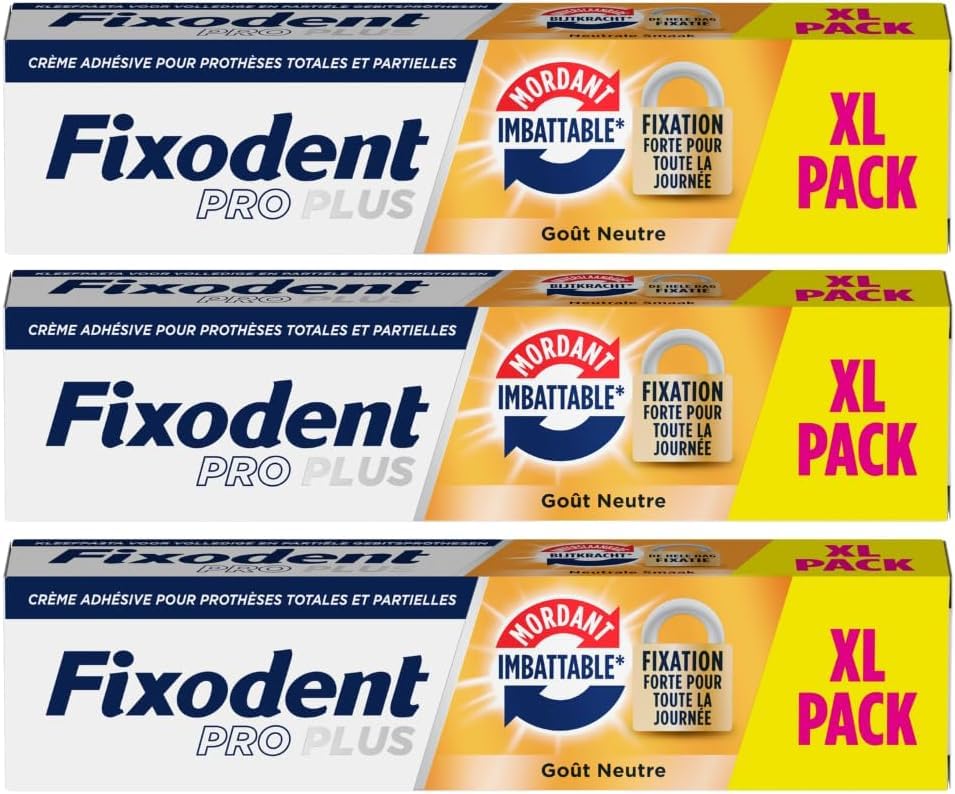 Fixodent Pro plus Crème Adhésive pour prothèses Totales & Partielles Mordant Imbattable 57g XL pack x 3