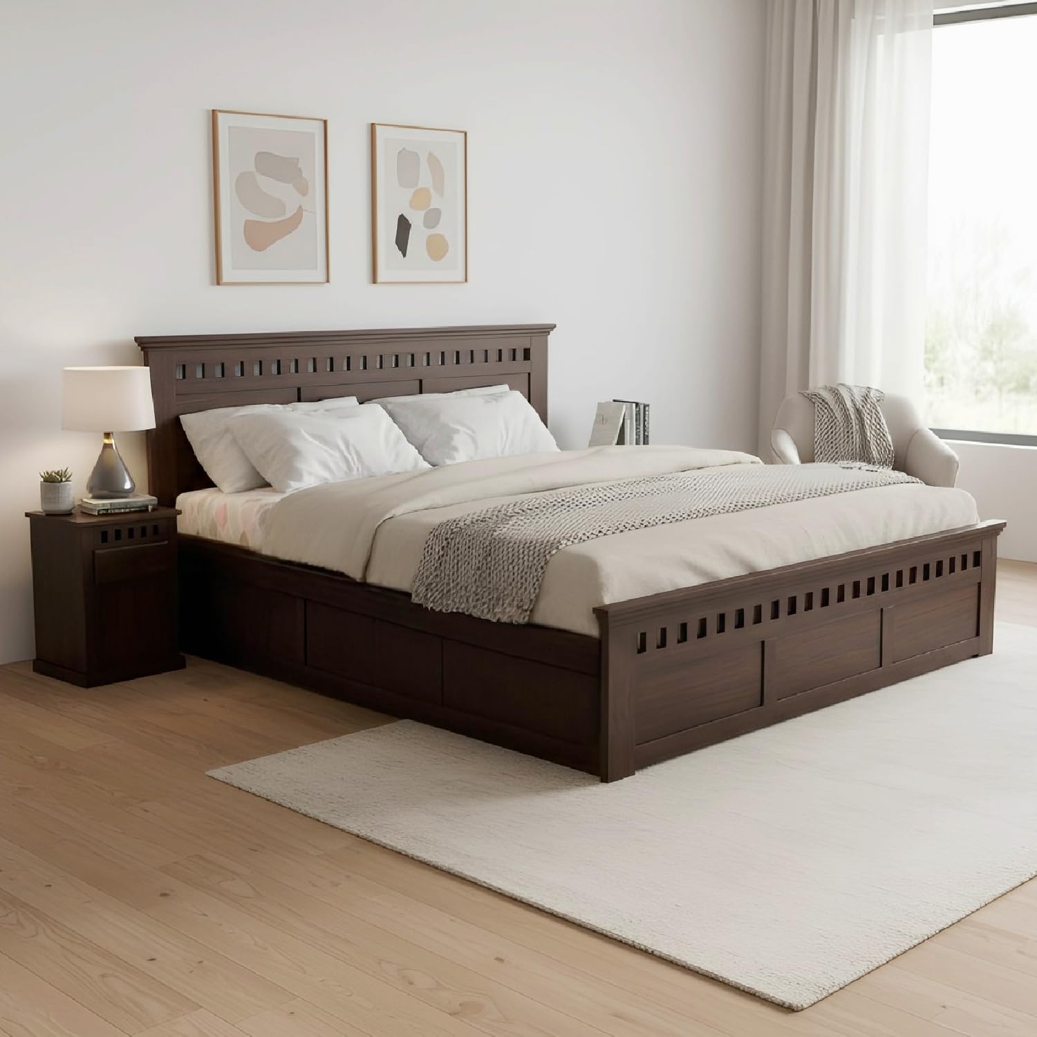 Amazon Brand - Solimo Solid Sheesham Wood Kuber King Size Bed with Box Storage + 2 Bedside | Wooden King Size Cot Bed | Double Bed with 2 Bedside Furniture for Bedroom (Walnut Finish)-image-10