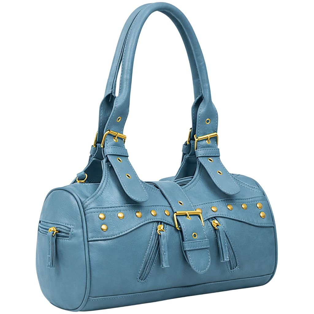 Eye Catch Women's Teal ’S Faux Leather Everyday Handbag Shoulder Bag With Twin Handles, Stud Detail & Zip Pockets