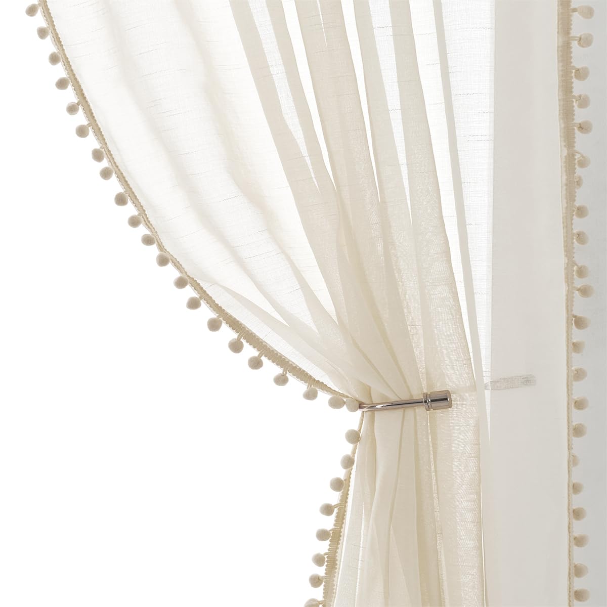 Treatmentex Cortinas Salón Modernas 2 Piezas con Pompones, Diseño para Filtrar Luz, Cortinas Translucidas Elegantes para Dormitorio, 140x225 cm, Beige