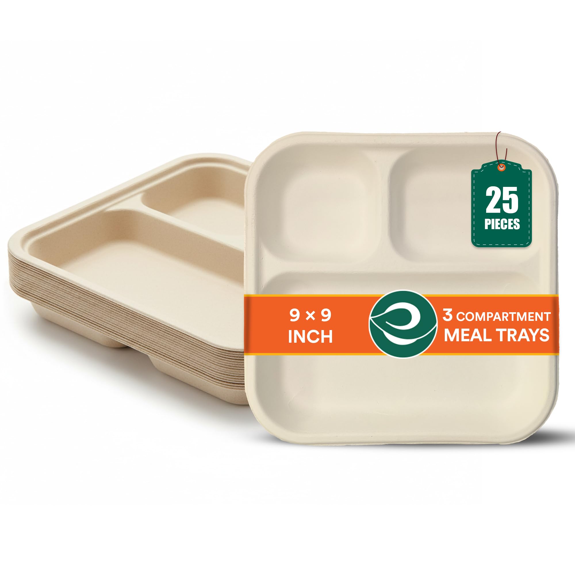ECO SOUL | 3 Compartment Bagasse Meal Tray | 9 Inch - Pack of 25 | Disposable Plates Big Size | Eco-Friendly, Microwave Safe, & Leak-Resistant | Ideal for Serving Meals and Catering