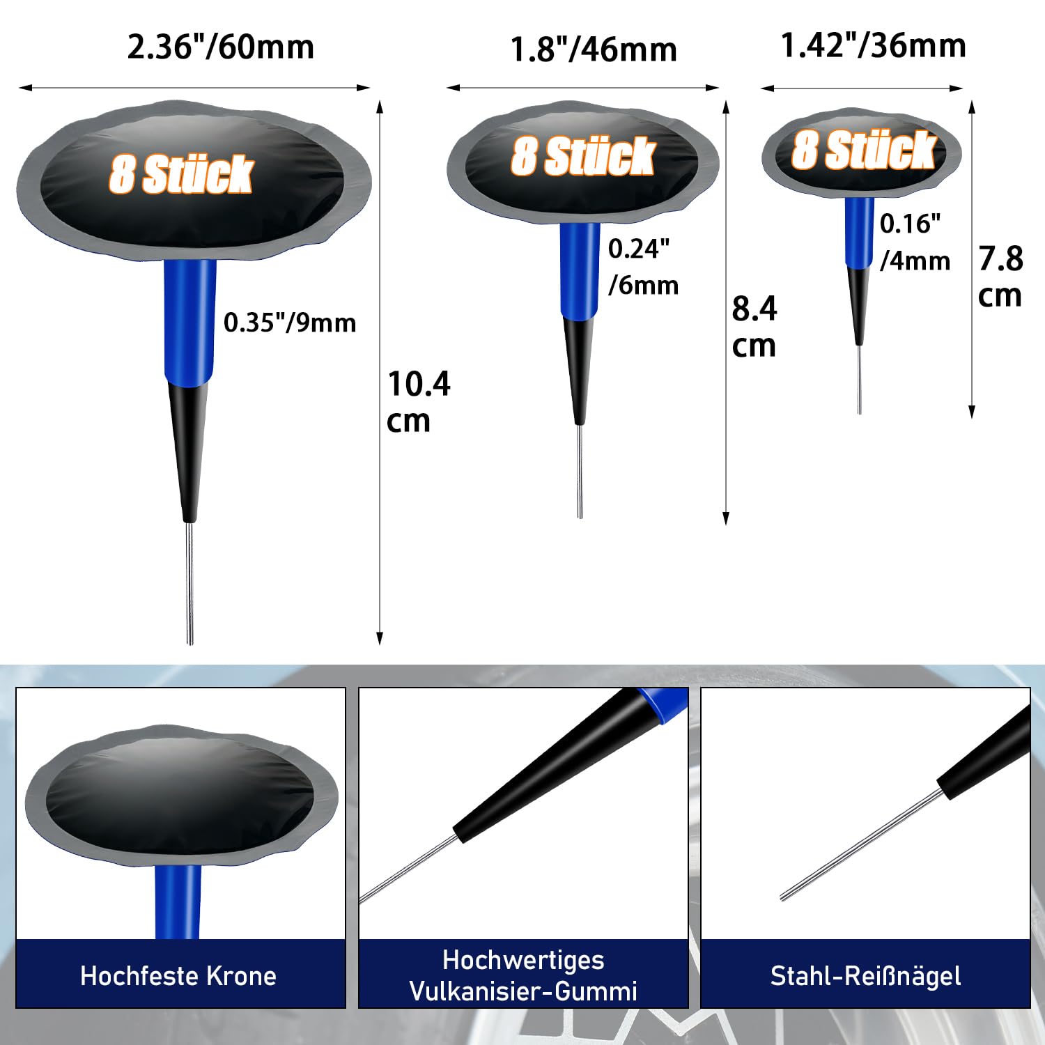 Reifen Reparatur Set mit 24 Gummistopfen, Wolfram-Schleifrad & Reifenroller inkl. 4mm Bohrer - Universelles Reifenflickzeug für Auto, LKW, Motorrad & Fahrrad
