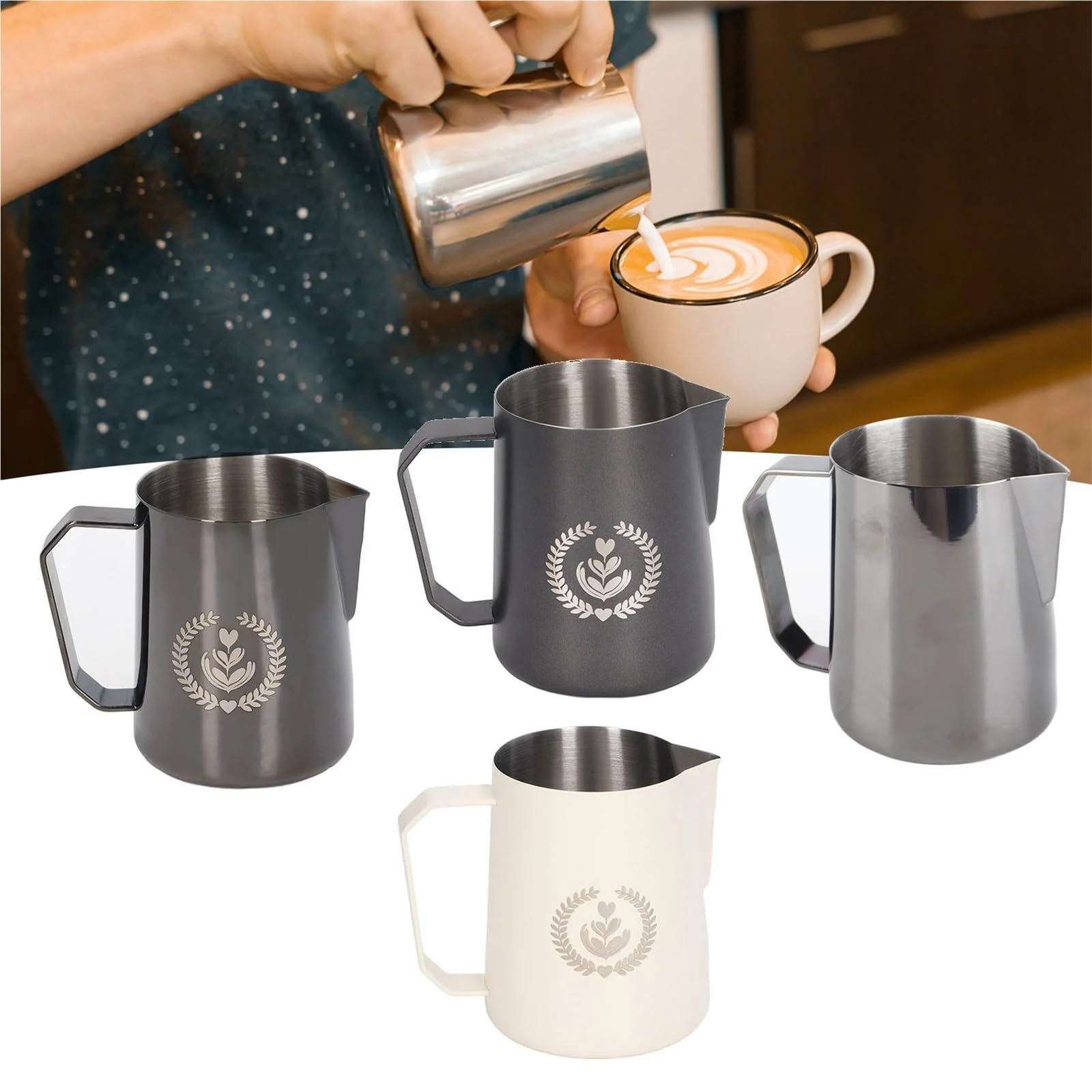 Jarra de espuma café 450ml, taza leche, Latte Art, Espumador acero inoxidable, mezcladora, herramienta for expreso Barista, 2 uds Para café(Grey)