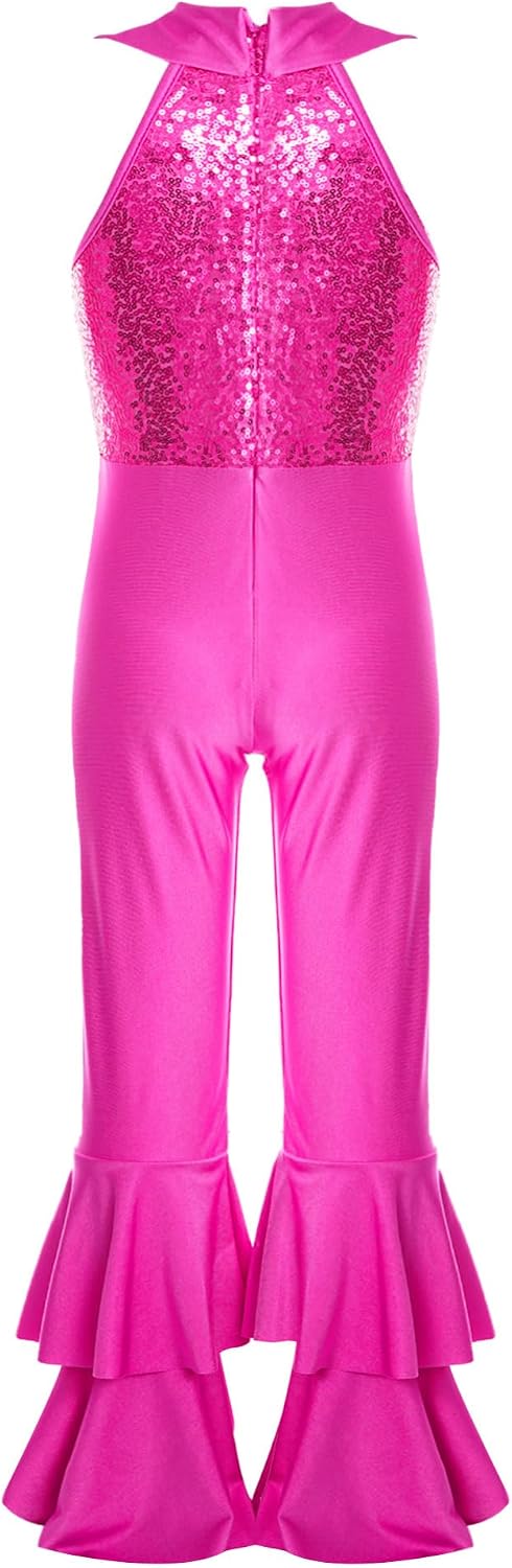 iEFiEL Girls Sequined Jazz Hip Hop Dance Jumpsuit Sleeveless Ruffle Gymnastics Ballet Unitard for Performance