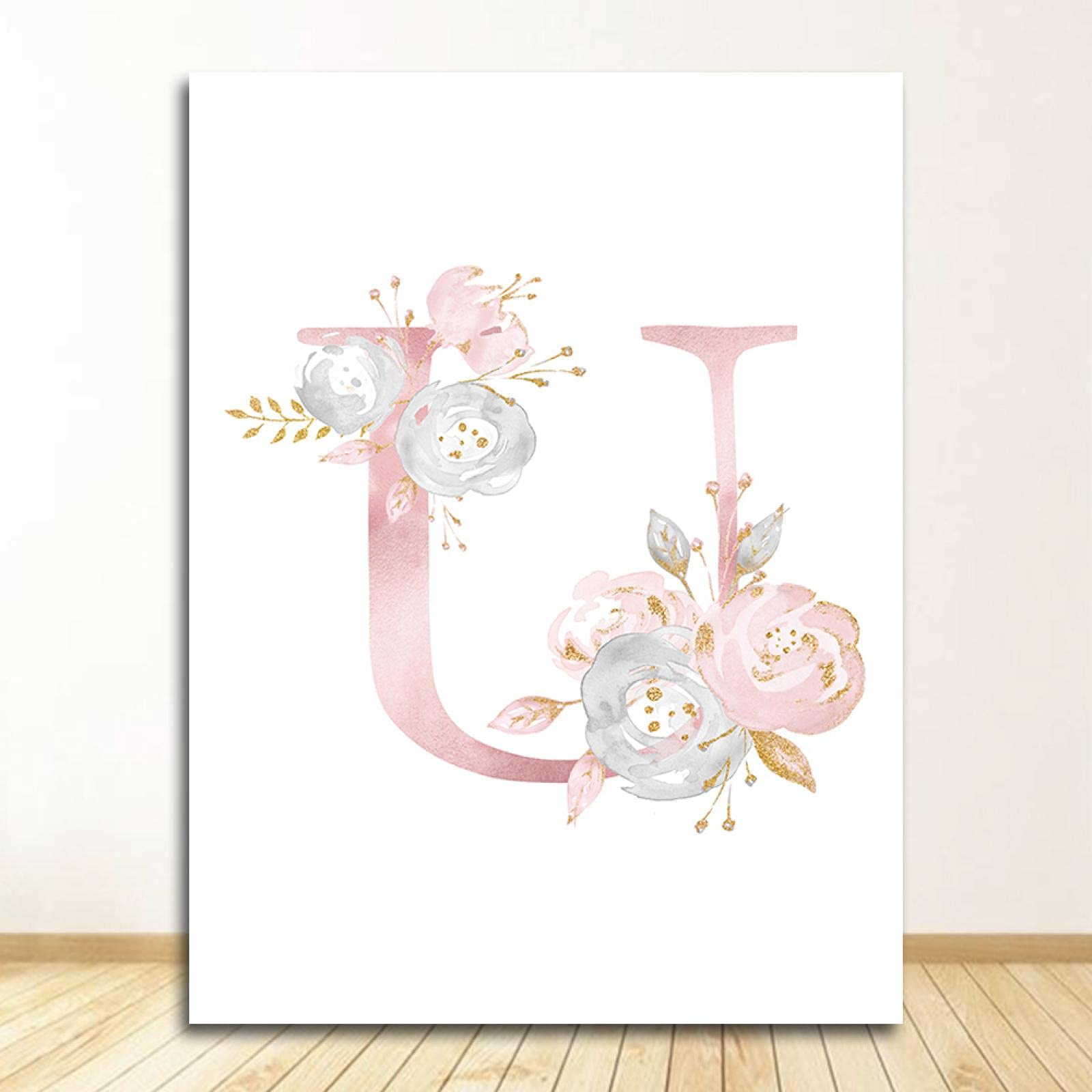Carteles rosa con letra U en inglés en lienzo con nombre de bebé, pintura personalizada, imágenes de flores, impresiones personalizadas, decoración de pared para habitación de niñas, 60 x 90 cm, sin