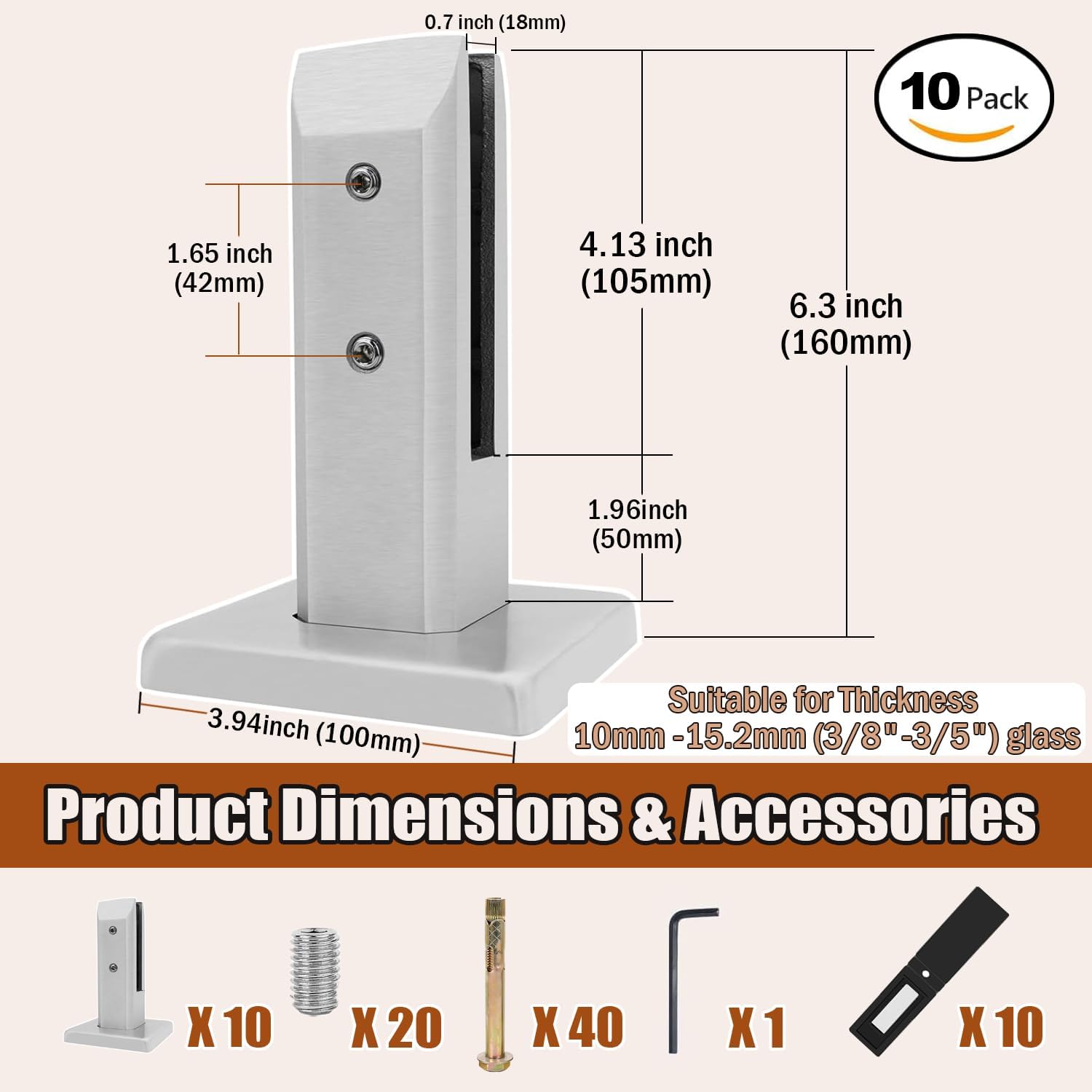 Stainless Steel Glass Clamp Shelf Holder Bracket Support with Gasket for Balcony Railing Post Stair Parts Pool Fence Balustrade Glass Holder Suppor,Rose Gold,10 Piece