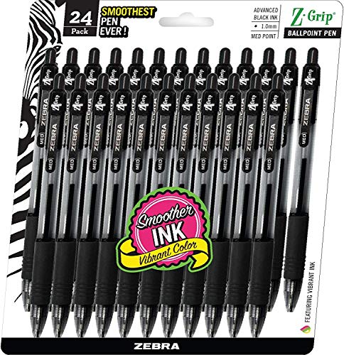 Zebra Pen Z-Grip Retractable Ballpoint Pen, Medium Point, 1.0mm, Black Ink, 24 Pack (New Version)