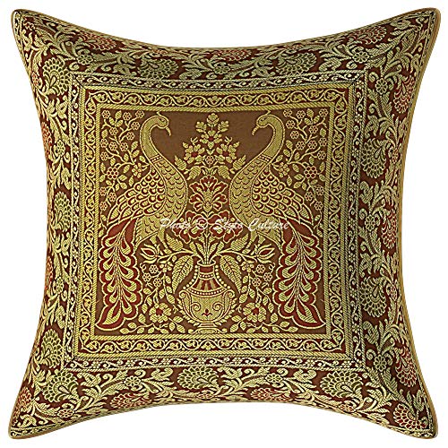 Image of Decorative Brocade Cushion Covers 16x16 Inch Banarasi Jacquard Weave Coffee Brown & Gold Living Room Peacock Traditional Square 40x40 cm Zippered Sofa Settee Pillowcases -Set of 5 Pcs