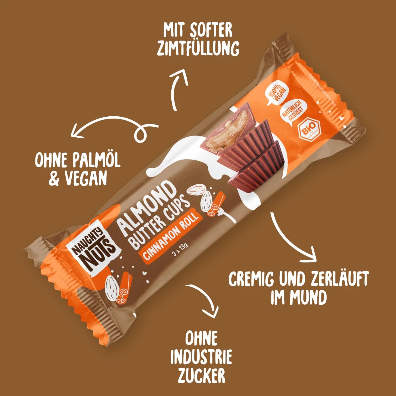 Naughty Nuts Bio Beurre d'Amande et Roulé à la Cannelle - Vegan, sans Huile de Palme et sans Sucre Raffiné - 12 x 39 g