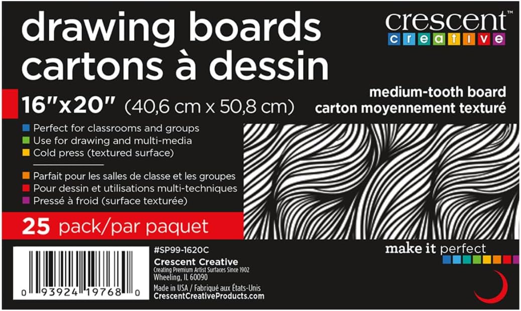 Crescent Creative Products #99 Cold Press Drawing Boards 25-Count School Class Pack, 16" x 20", Medium Weight and Tooth, 0.05" (1.3 mm) Thick Board for Dry Media, Gouache, Acrylic, and Markers