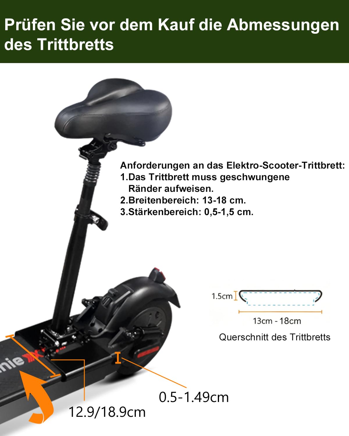 Asiento de scooter eléctrico solo compatible con estribo curvado de 13 – 18 cm de ancho, sillín acolchado, plegable, resistente a los golpes, altura ajustable de 55 – 68 cm, patinete para adultos e