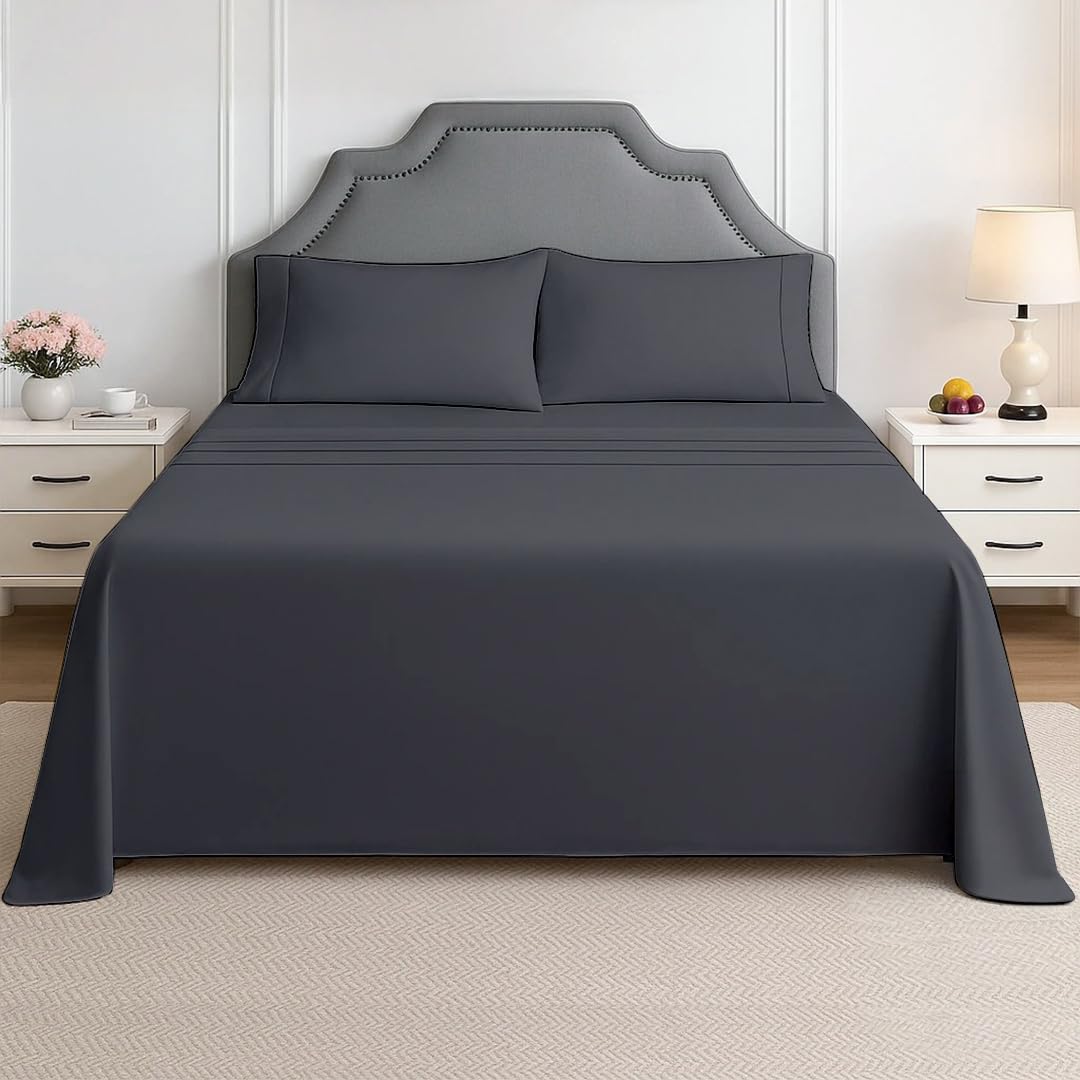 Shreem Linen Twin 4 Piece Sheet Set, 1800 Ultra Soft Hotel Luxury Bedding, Breathable and Cooling, Deep Pockets Fit 8-16 Inch Mattress, Dark Grey
