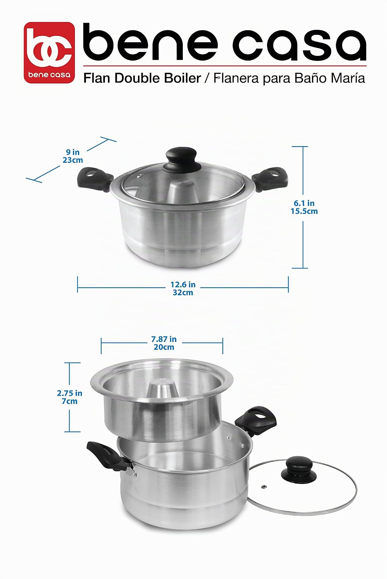 Bene Casa - Molde de aluminio para flan con tapa de vidrio (1,6 litros) - Incluye sartén interior de aluminio (8 pulgadas) - Molde de Flan Baño María