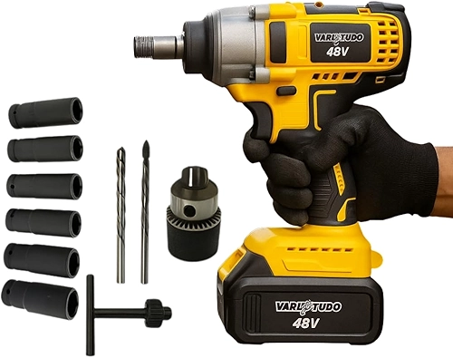 Chave de Impacto 48V Parafusadeira e Furadeira Recarregável Bivolt 2 Baterias 2000mAh, Furadeira de Impacto, com Soquetes e Maleta, Kit Completo para Uso Profissional e Manutenção