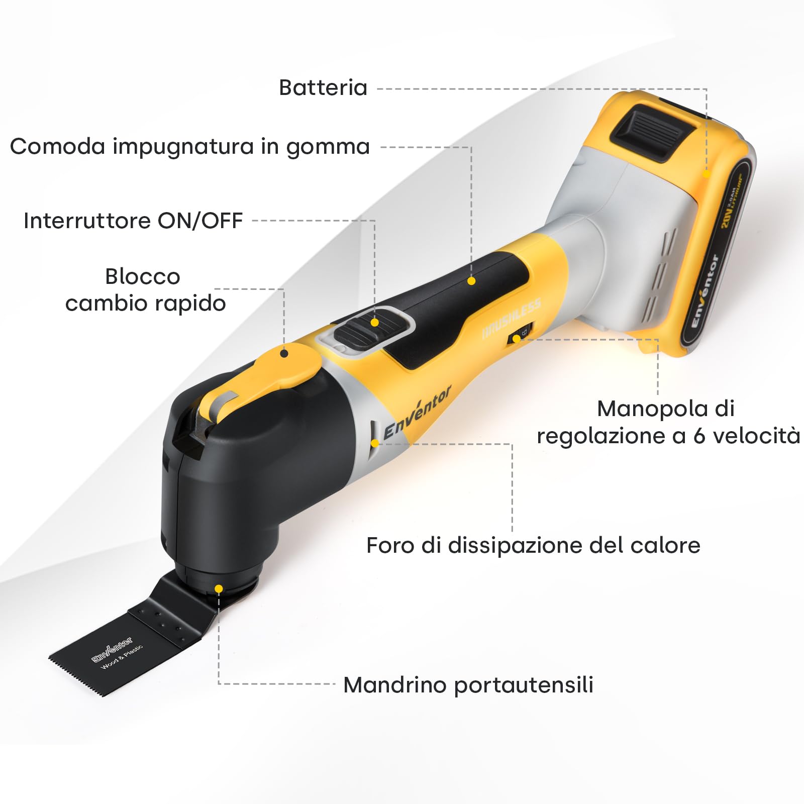 Enventor Utensile Multifunzione Oscillante a Batteria da 20V Brushless, 12000-19500RPM, 6 Velocità Regolabili, 4° Angolo di Oscillazione, 28 Accessori, Per Raschiatura, Taglio, Lucidatura