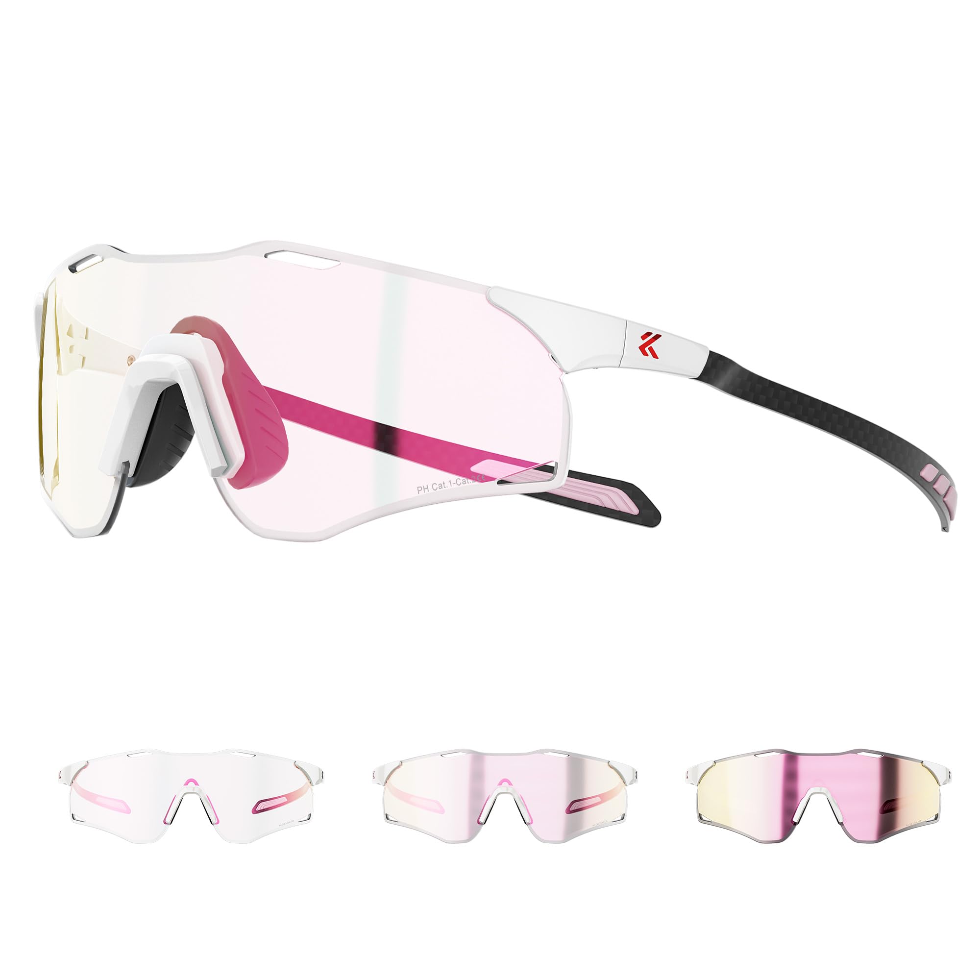 KAPVOE K454I Occhiali da Ciclismo Fotocromatici Aste in Fibra di Carbonio | Per uomo e donna, aste leggere in fibra di carbonio, UV400, ideali per ciclismo, running, MTB, baseball e pickleball