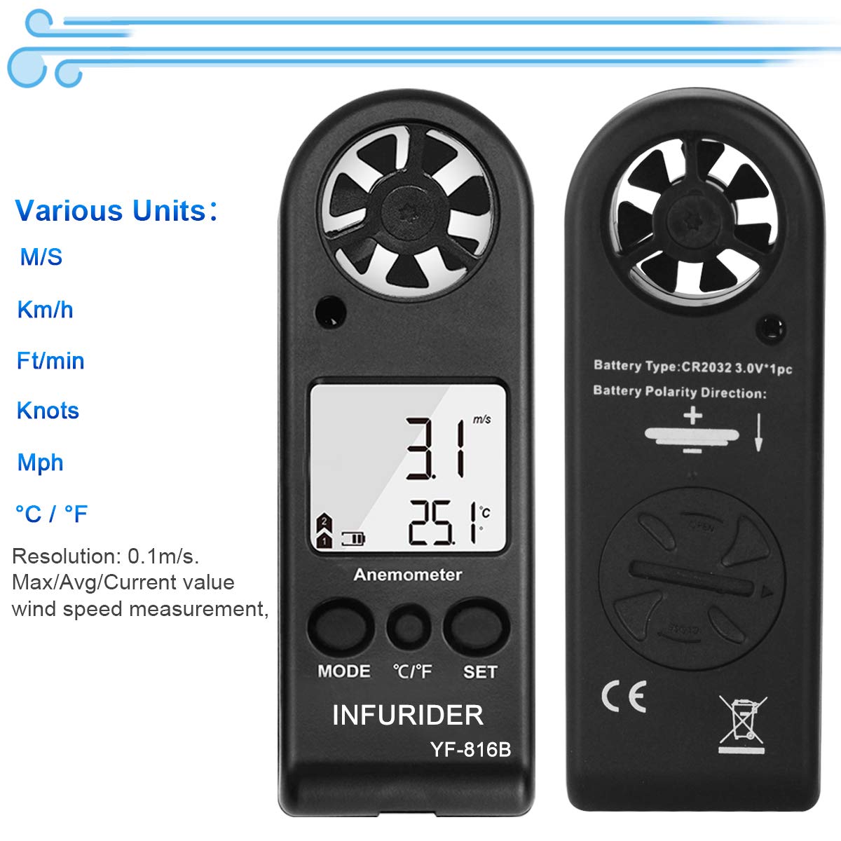 Anémomètre Numérique Portable INFURIDER YF-816B Compteur Anémomètre Vitesse avec Mesurer LCD Rétroéclairé+Température+MAX/AVG pour Vol de Drone, Alpinisme(2 Pack)