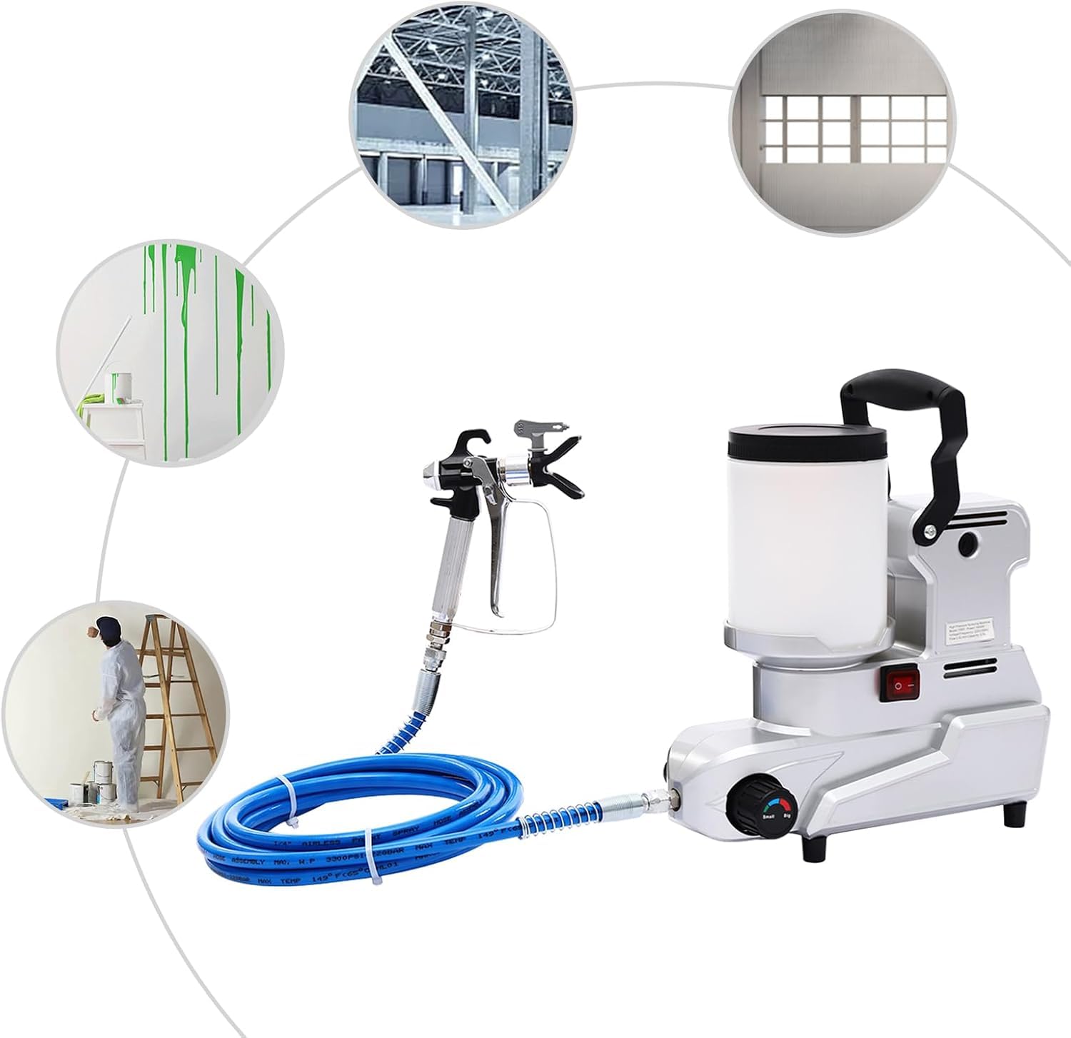 Pistola Verniciatura Airless 1600W Alta Pressione, Spruzzatore Vernice Elettrico con Tubo 5m e Ugello Regolabile per Pareti, Soffitti, Recinzioni, Mobili - Finitura Professionale Rapida