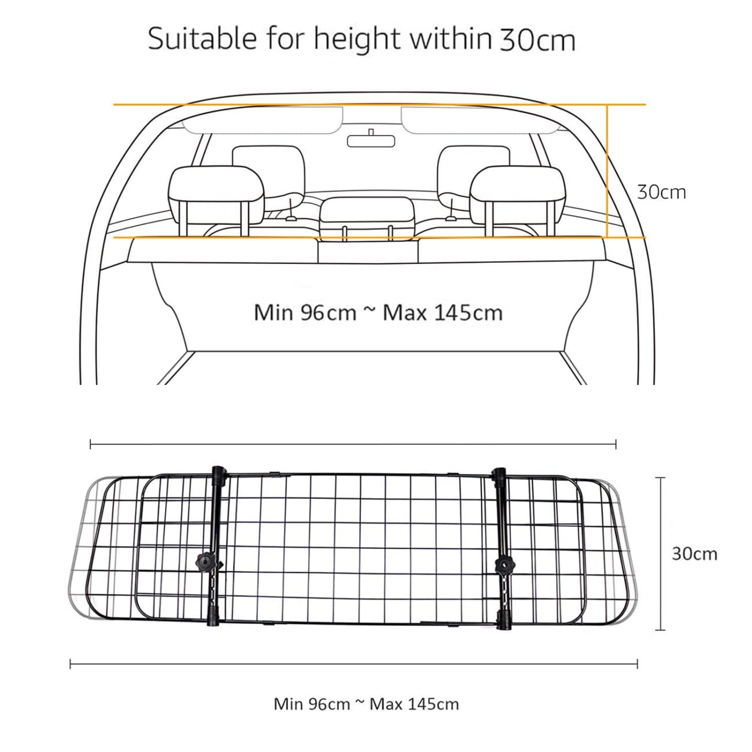 Nobleza - Barrera Protectora de Coche para Perros, Rejilla Separador Perro Coche Extensible Universal Reja de Seguridad Barrera, para Perro y Maletas Mascota Apoyo para Cabeza 96-145x30cm Acero