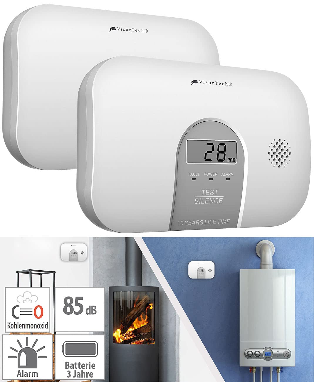2 détecteurs de monoxyde de carbone COM-250 avec écran LCD DIN EN 50291-1 [VisorTech]