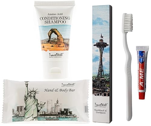 TRAVELWELL Artículos de tocador del hotel Amenidades de viaje Jabones de limpieza de masaje a granel 1.0oz28g, 1.0 fl oz champú y acondicionador 2