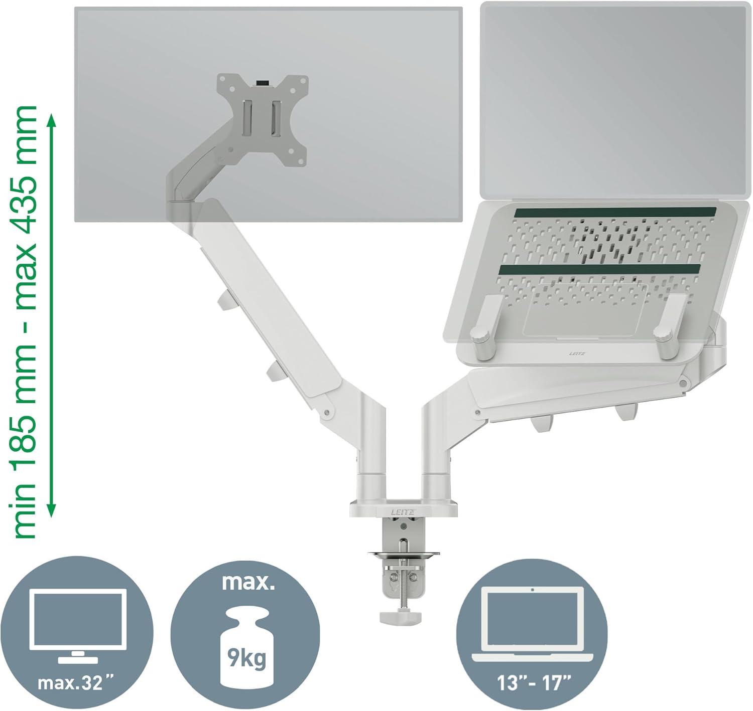 Leitz Ergo 65380085 Space Saving Double Monitor Mounts with Laptop Holder for 17 - 32 Inches, Combined Monitor and Laptop Stand, Swivel and Tilt Function, 18 kg Load Capacity