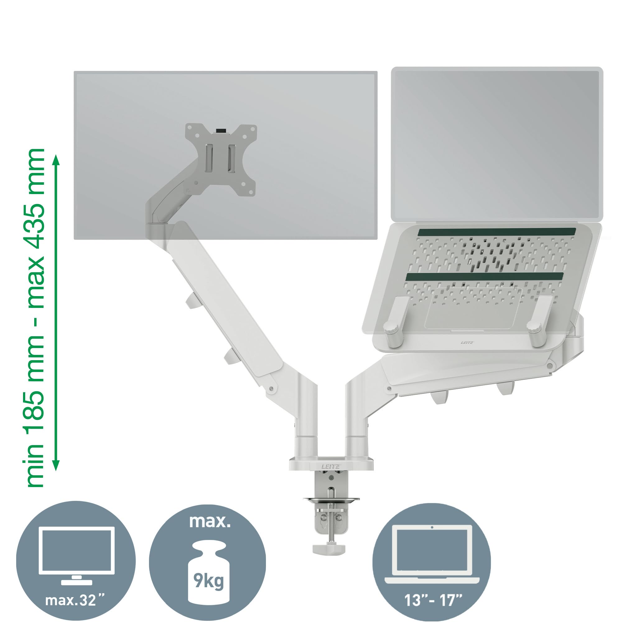 Leitz Ergo Brazo Ergonómico para Monitor y Portátil (17''-32'') – Soporte de Escritorio con Giro, Inclinación y Rotación, hasta 18 kg, Compatible VESA, Gris Claro, 65380085