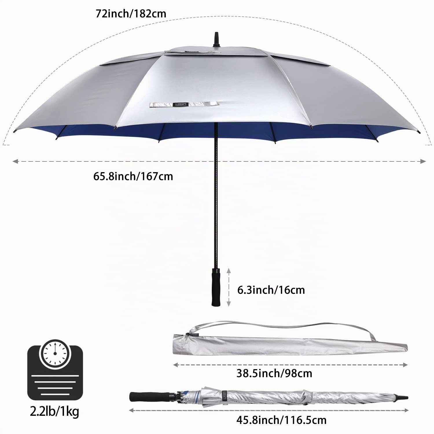 G4Free 47/54/62/68/72/80 Inch UV-Schutz Winddicht Sonnen- und Regenschirm Golfschirm Autorisches Öffnen Doppelbaldachin Belüftet Übergröße für Herren und Damen