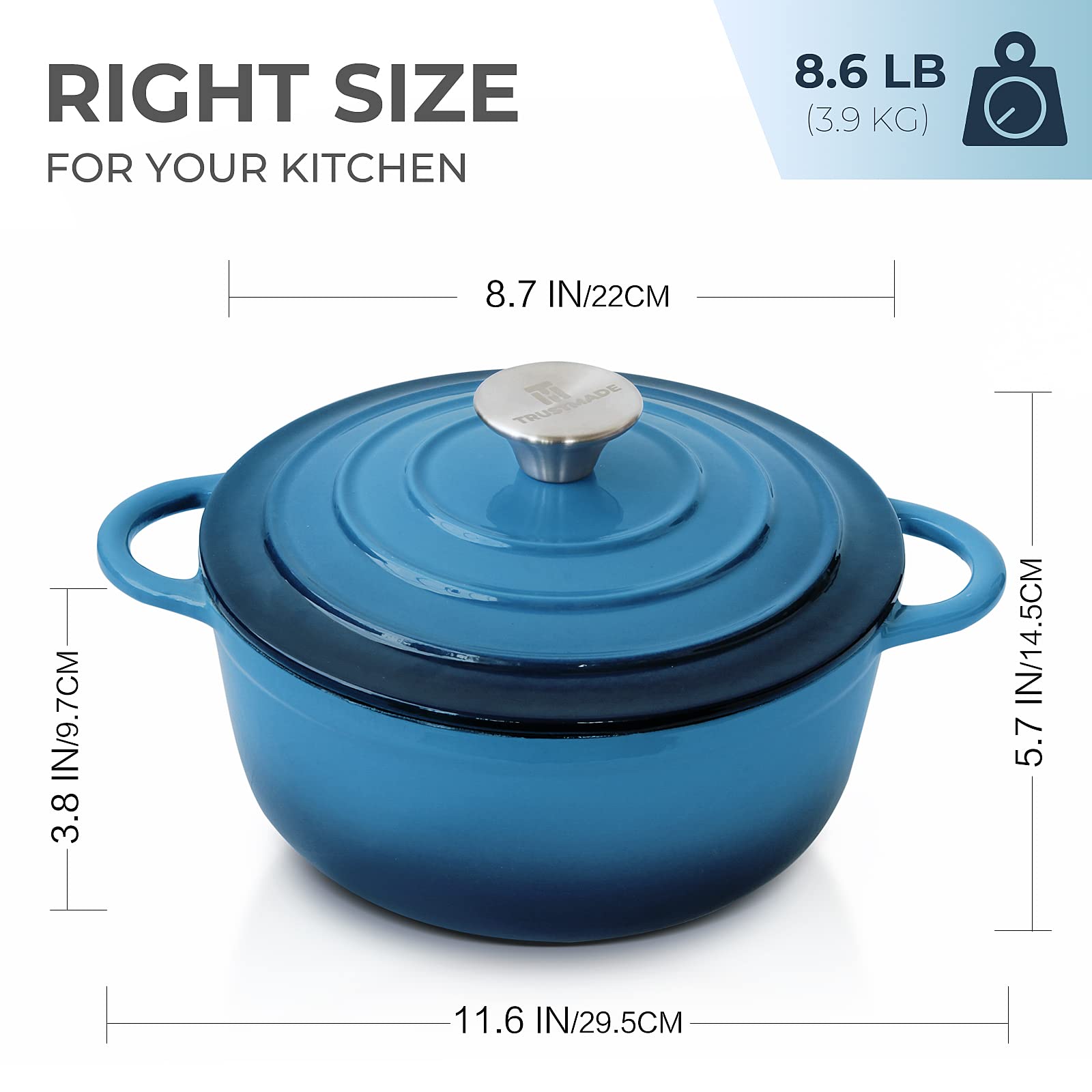 Trustmade 3 Quart Enameled Cast Iron Dutch Oven - Aqua Color, Self-Basting Lid, Oven & Induction Safe