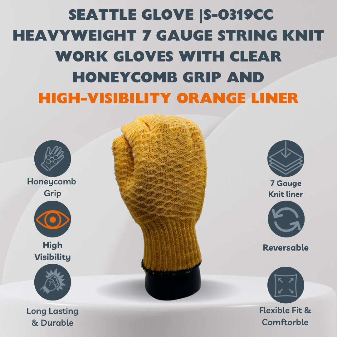 S-0319CC Heavyweight 7 Gauge String Knit Work Gloves with Reversible Honeycomb Grip, High-Visibility Orange Liner (12 Pair)