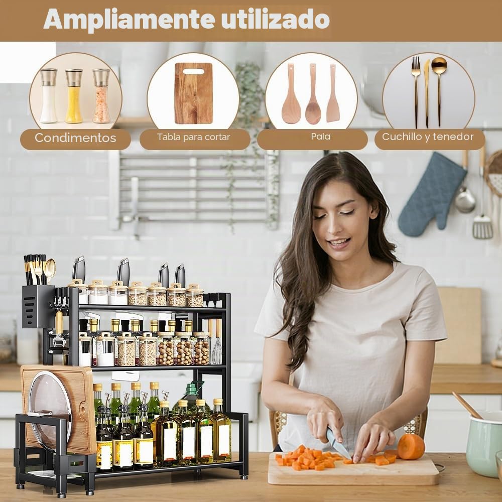 Organizador de Especias para Cocina, Estantería para Especias de 3 Niveles de Pie, Especieros para Cocina de Acero al Carbono con Soporte para Tabla de Cortar, Caja para Utensilios y 6 Ganchos