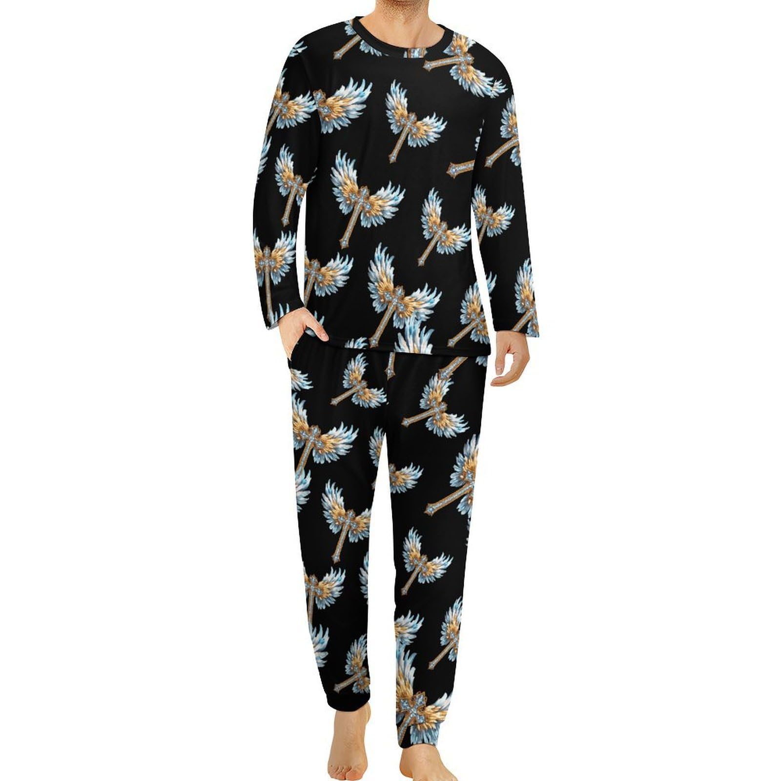 Diamond with Wings - Conjunto de pijama para hombre, cuello redondo, 2 piezas, manga larga, suave, transpirable para todas las estaciones