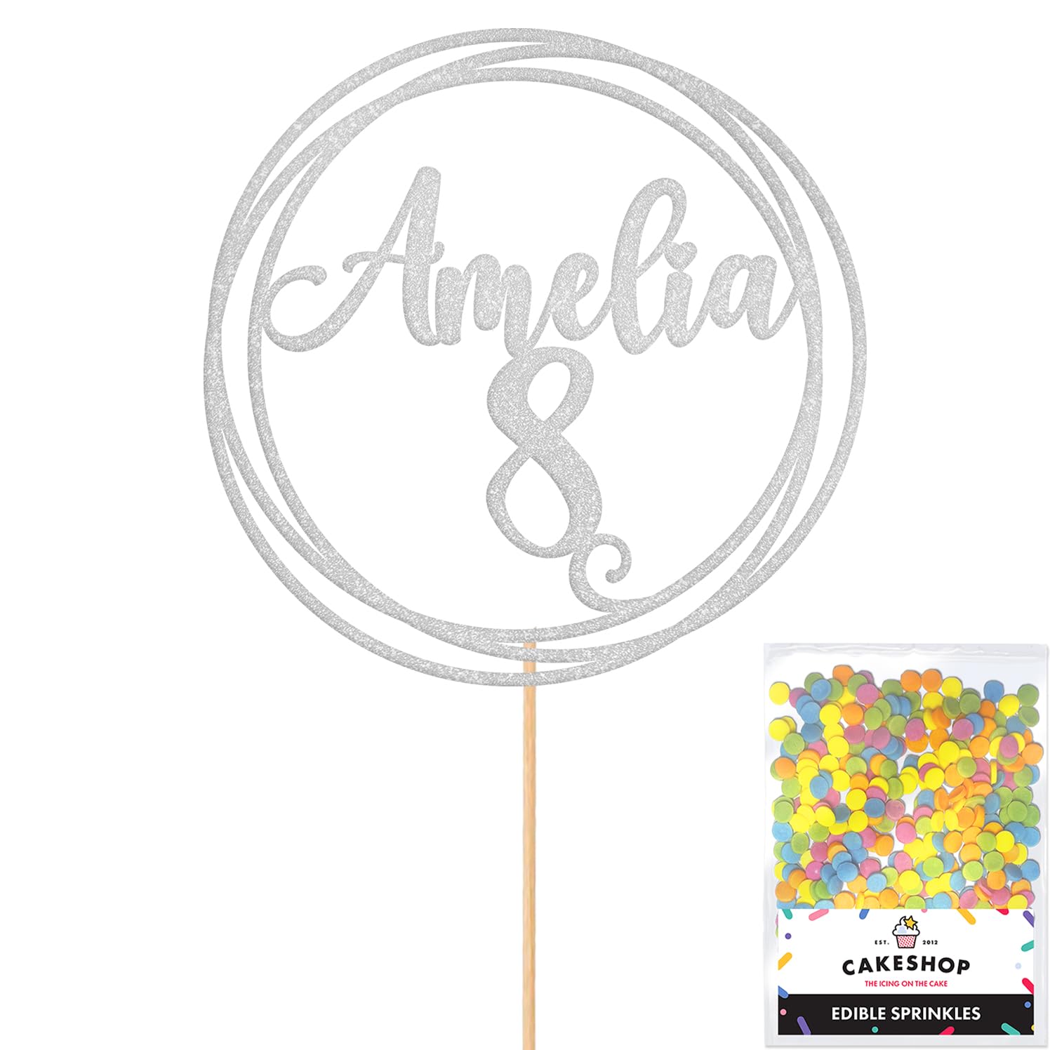 Personalised Round Happy Birthday Glitter Cake Topper by Cakeshop | Custom Colour Any Name & Any Age Glitter Cake Decoration 1st 10th 16th 18th 20th 21st 30th 40th 50th 60th 70th 80th (Light Silver)