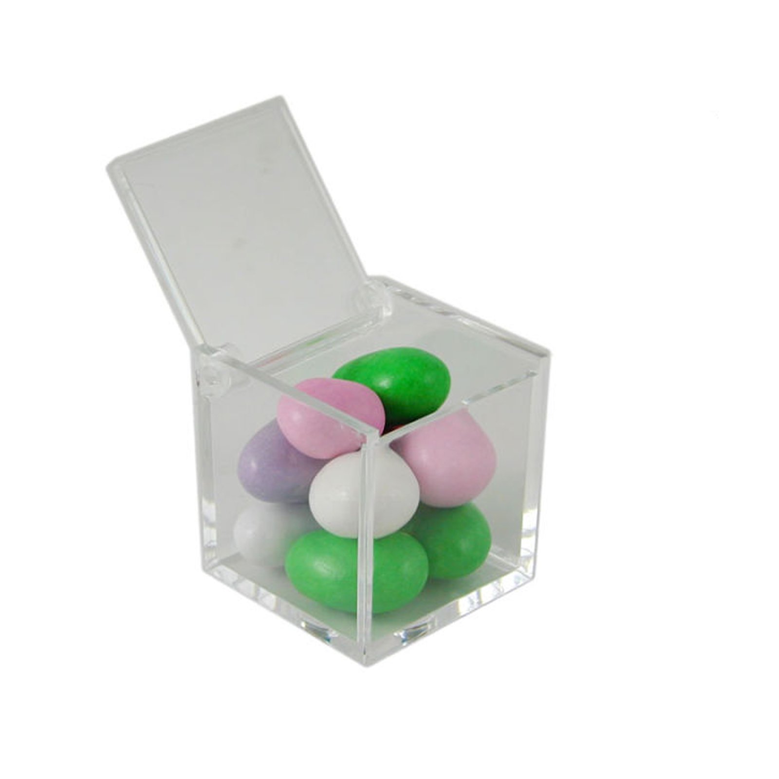 50 SCATOLE PLEXIGLASS TRASPARENTE BOMBONIERE CONFETTI MATRIMONIO 5x5x5 cm