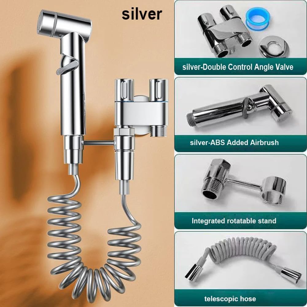 Juego de rociador de bidé para inodoro con válvula angular de aleación de zinc para montaje en pared, limpieza de agua de una entrada y dos salidas para accesorios de baño, juego plateado, como se mu