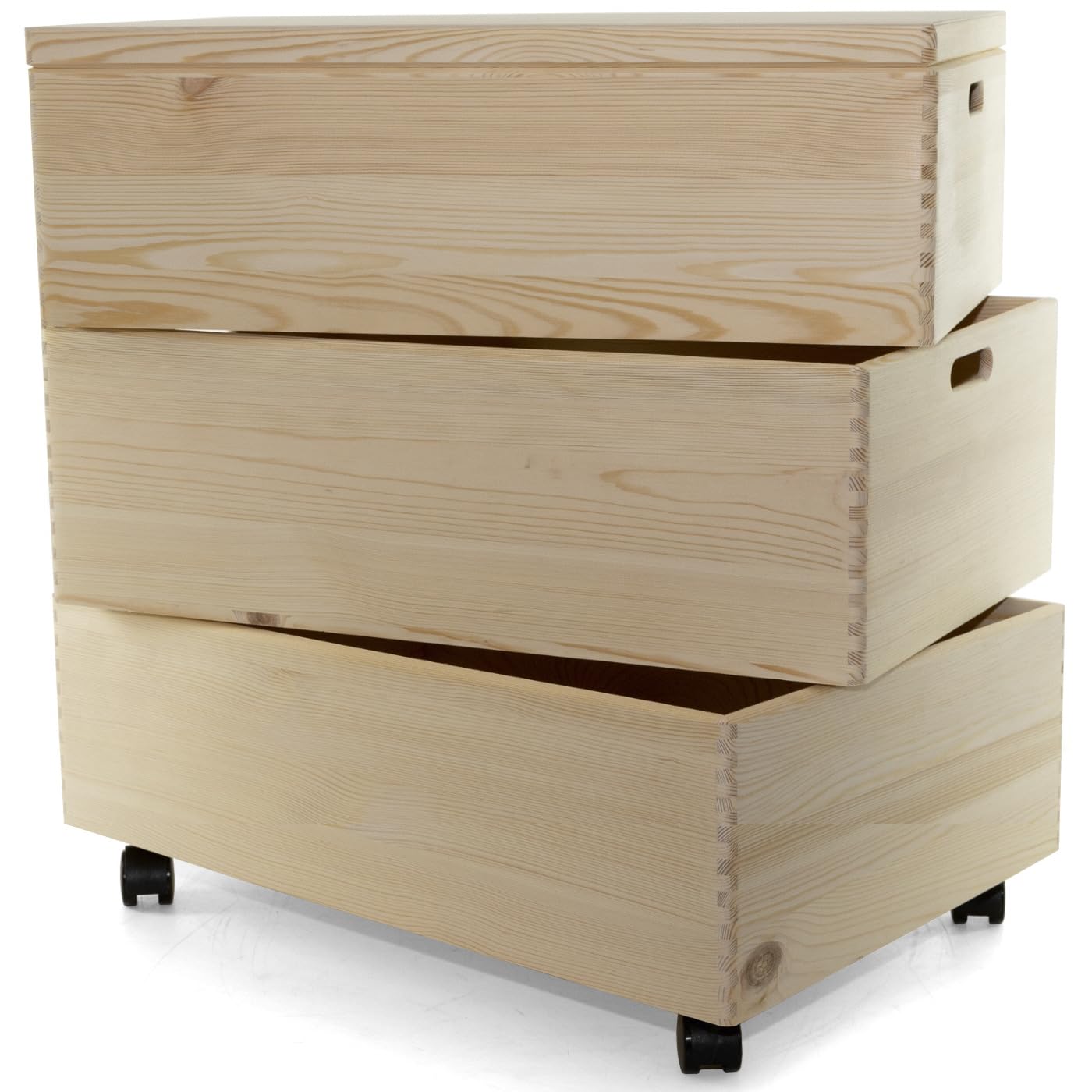 Holzkiste TRIO GR Stapelkisten Set 59 x 40 x 60/66 cm 1 Kiste mit Deckel XL Aufbewahrungsbox (mit Rollen)