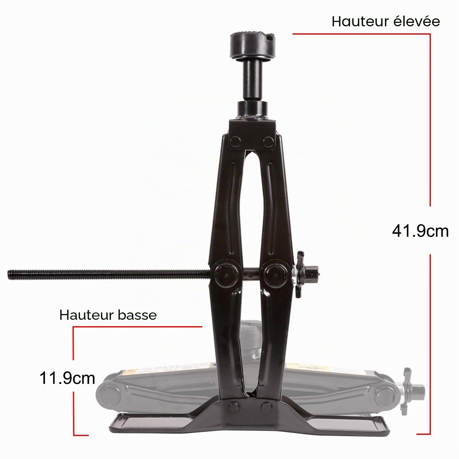 Le cric à ciseaux LEADSTAND est un design rapide et économe en main-d'œuvre, charge 1,8 tonne, hauteur maximale de 419 mm. Le fond est agrandi