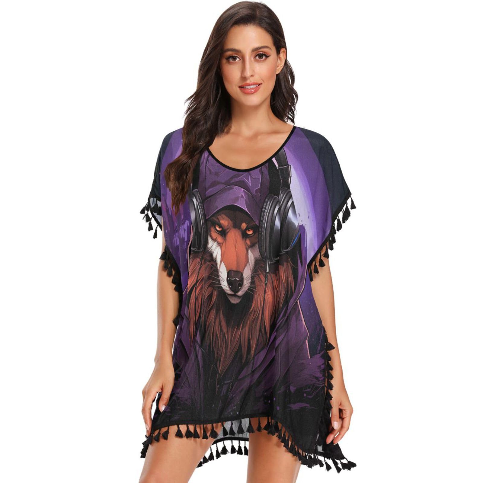 Cool Music Purple Wolf Women's Beach Cover Up Chiffon Tassel Swimwear Swimsuit Coverups for Girl