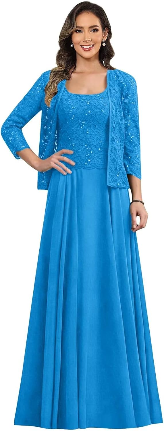 2 Piece Long Sleeve Chiffon Mother of The Bride Dresses with Jacket Lace Formal Evening Gown for Women