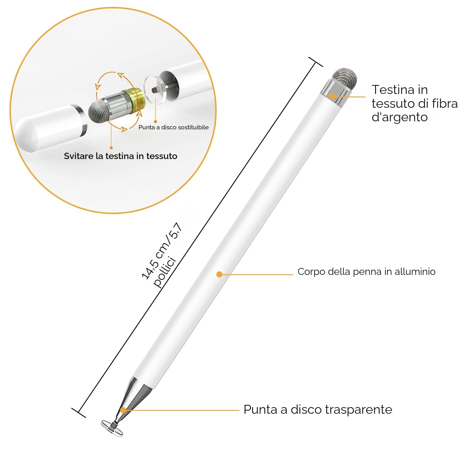 Pennini capacitivi per touch screen, punta a disco, universale, bianco