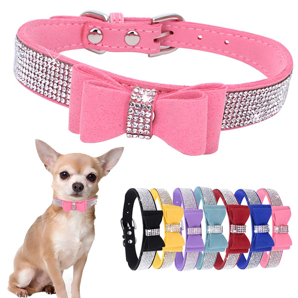 Rhinestone Dog Collars For Small Dogs With Bow tie Girls Cute Crystal Diamond Bling Puppy Collar With Bowtie Sparkling Glitter Cat Collars for Kitten XXS XS Small Medium Breed Pets Pink S