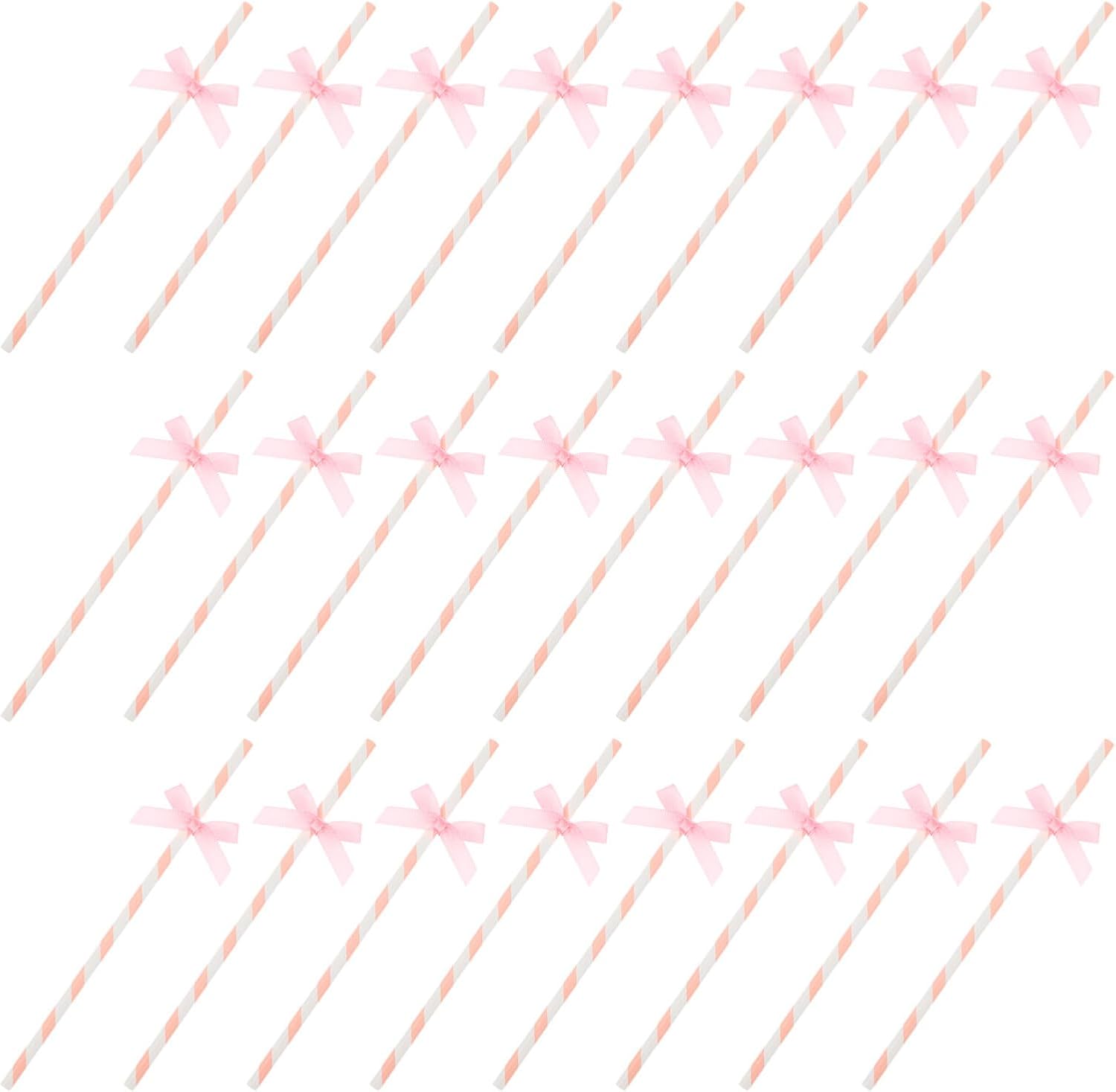 Ipetboom 100pcs Pink Bow Shaped Disposable Paper Straws for Birthday Cake Decoration, Shower Party Supplies, 20cm Decorative Straws for Smoothies and Juices