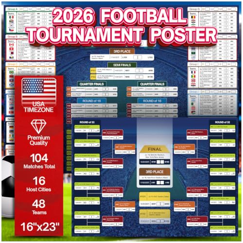 2026 World Cup Soccer Schedule Poster 16.5 x 23.6 2 Pieces Full Tournament Match Schedule Group Stage Tracker & Knockout Bracket Perfect Wall Decor for Fans Game Nights & Sports Rooms