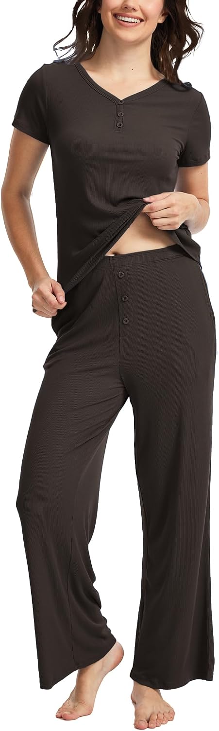 GYS Bamboo Viscose Pajamas for Women Set, 2 Piece Buttery-soft Loungewear Pjs Set Comfy Henley Neck T-shirt and Pants Outfits