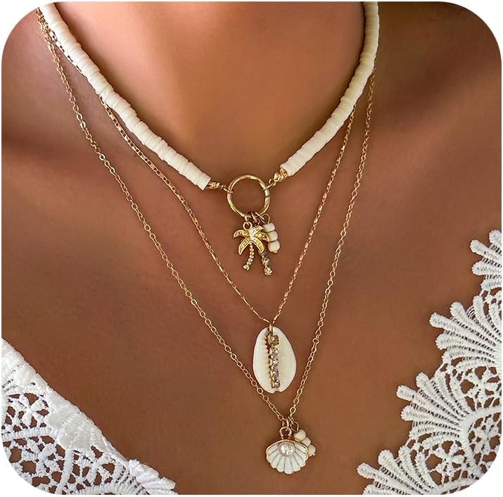 Shell Necklace for Women Seashell Necklace Stack Gold Starfish Necklaces Dainty Choker Charm Necklace Summer Beach Jewelry for Women Vacation