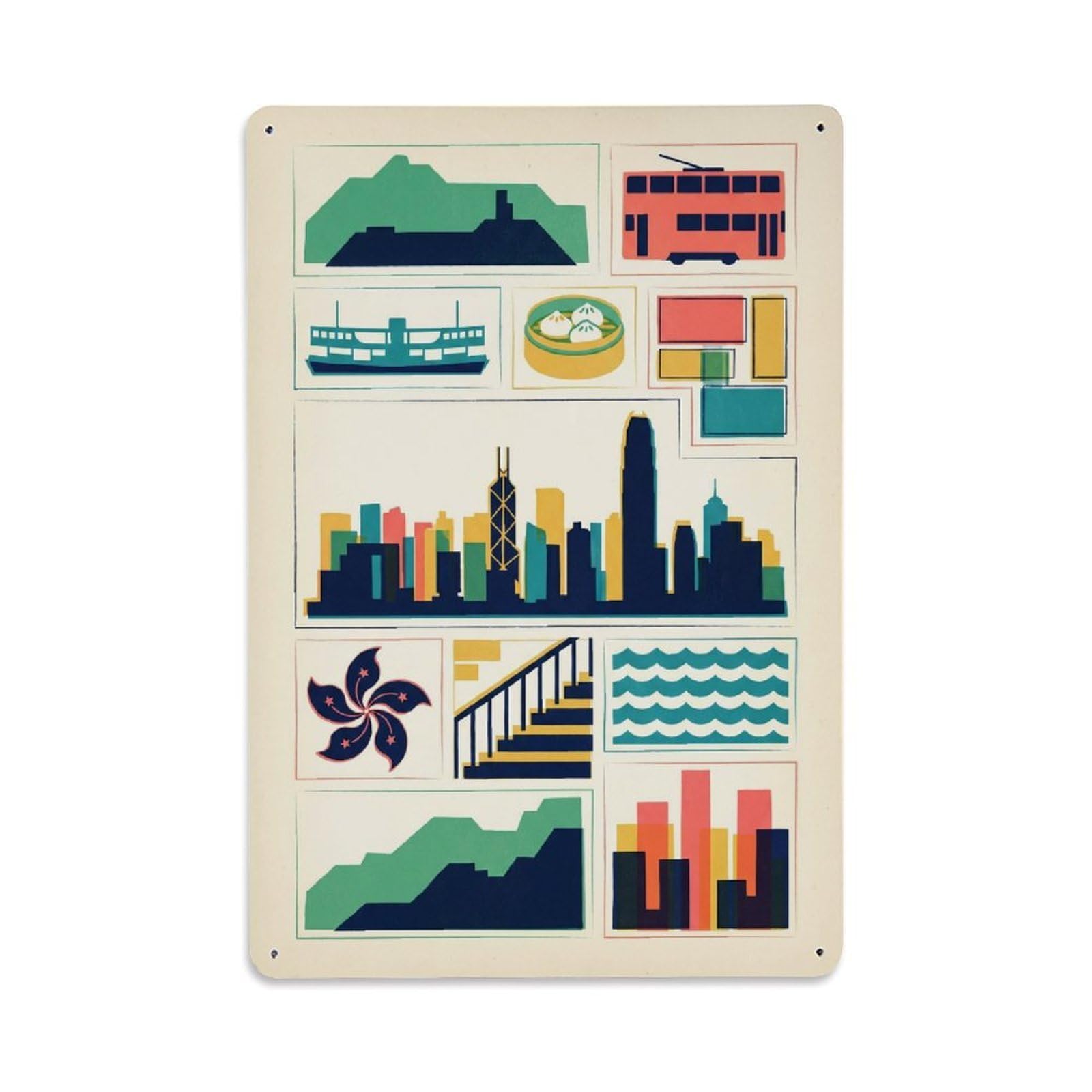 Okngb Style Hong Kong Chinese Urban Old School Cityscape Collage Metal Tin Sign Plaque Wall Decor For Cafe, Man Cave, Club Bar, Office, Home Garden Round Metal Poster 8X12inch