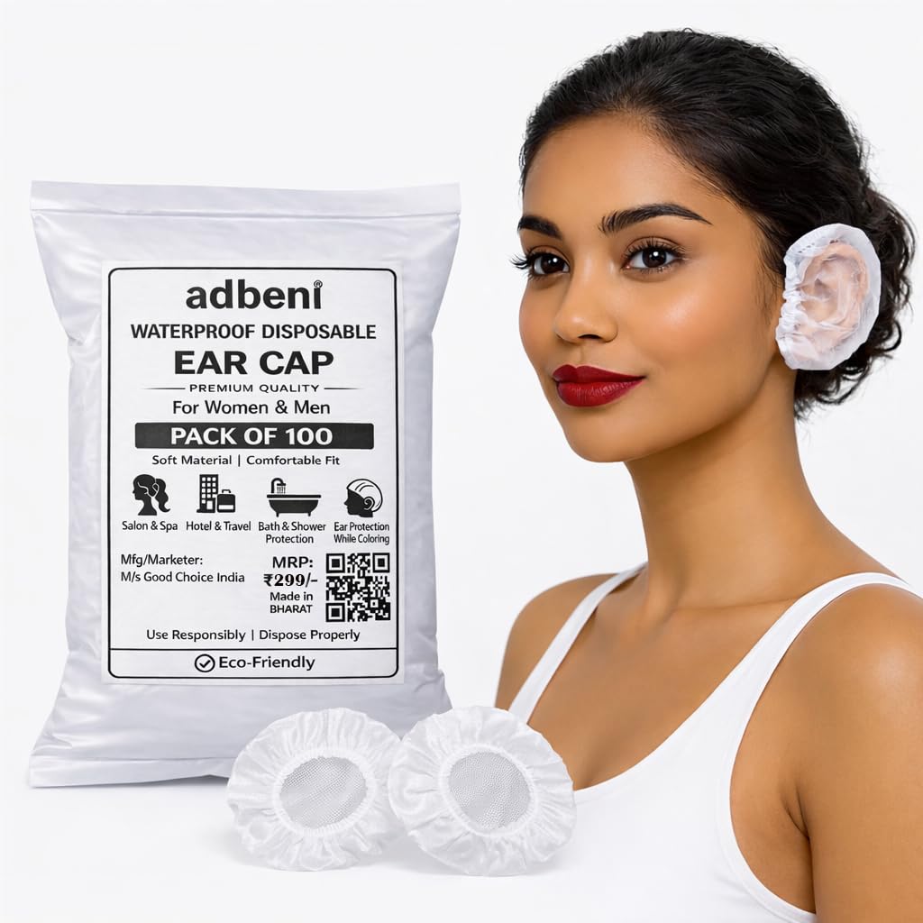 Adbeni Premium Disposable Waterproof Ear Caps for Women, Men & Kids | Soft Comfortable Fit | For Bath, Shower, Hair Dye Coloring, Salon & Spa Use | Hygienic & Light Weight | 100 Pcs