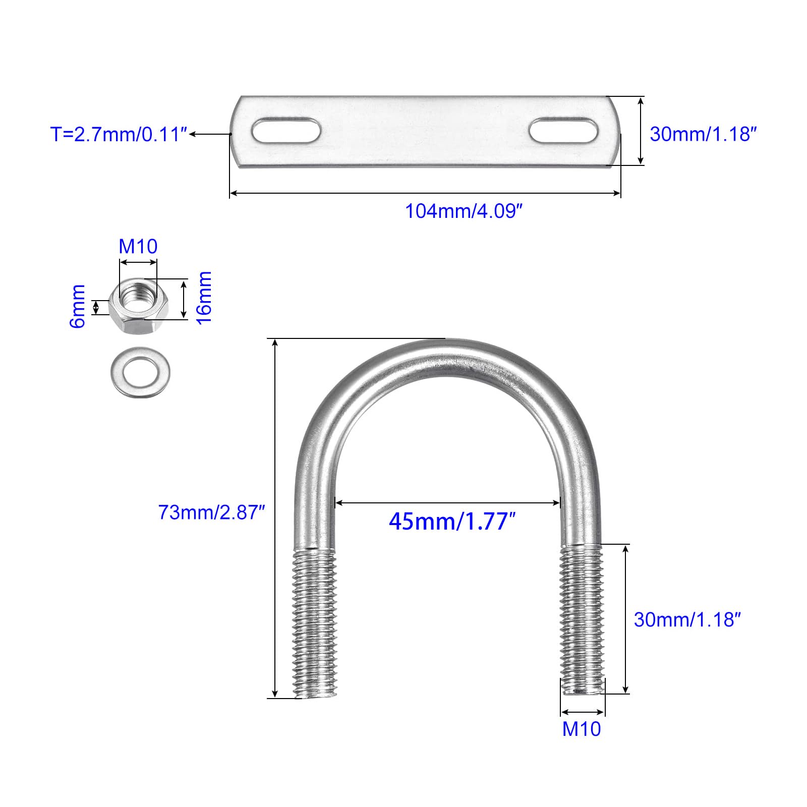 MACHSWON Round U-Bolt,2 Set 304 Stainless Steel M10 U Bolts 45mm(1.77") Inner Width 73mm Length with Nuts and Frame Plate for Automobiles Boat Trailer - Image 2