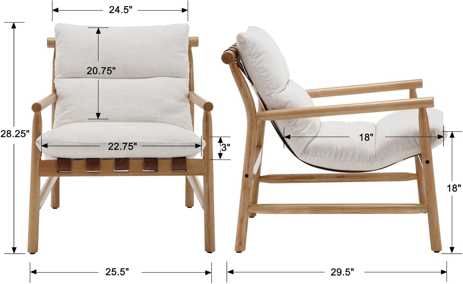 Mid Century Modern Sling Accent Chair, Linen Fabric Living Room Chair with Solid Wood Frame, Comfy Upholstered Single Sofa Armchair for Reception/Bedroom/Reading, Beige