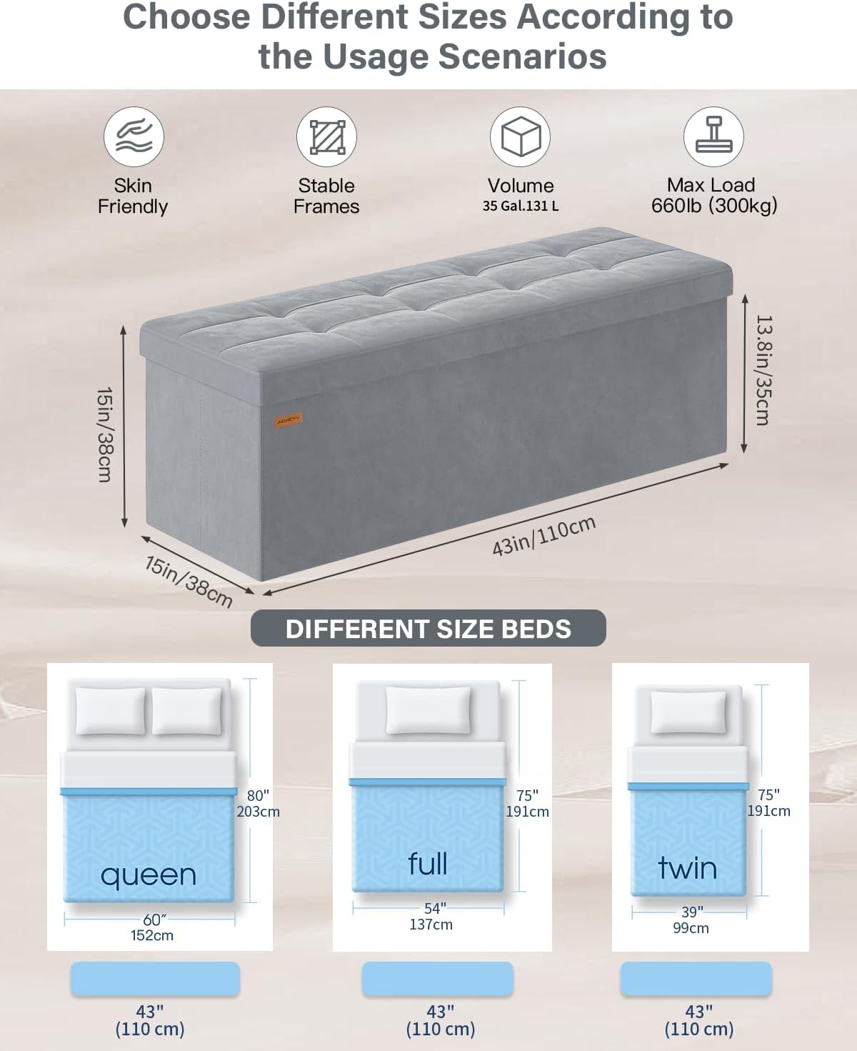 Folding Storage Ottoman, Velvet Storage Bench, Footrest, Removable Divider, for Living Room, Bedroom, 15 x 30 x 15 Inches, 660 lb Load Capacity, Ink Black UASND01B